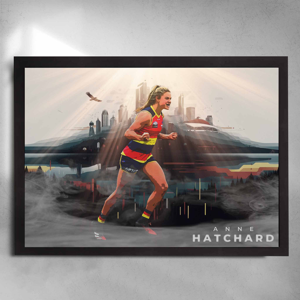 Black framed AFLW Art by Sports Cave featuring Anne Hatchard from the Adeliade Crows.
