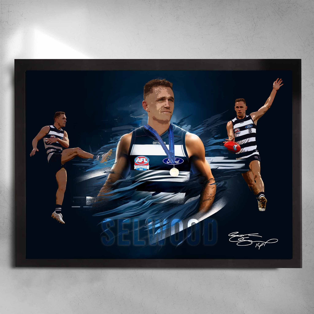 Black framed AFL Poster by Sports Cave, featuring the 2022 AFL Grandfinal hero Joel Selwood from Geelong Cats.