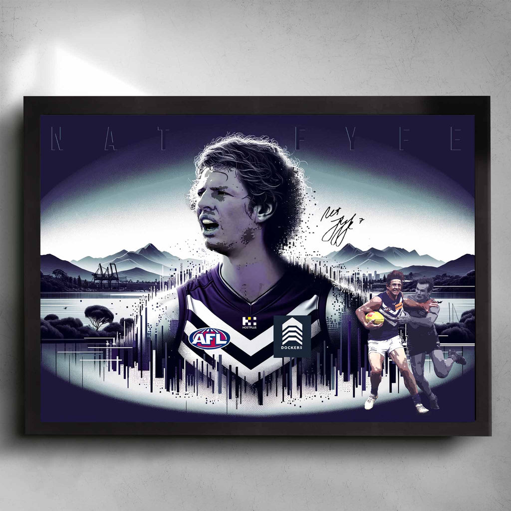 Black framed AFL Poster by Sports Cave, featuring Nat Fyfe from the Freemantle Dockers.