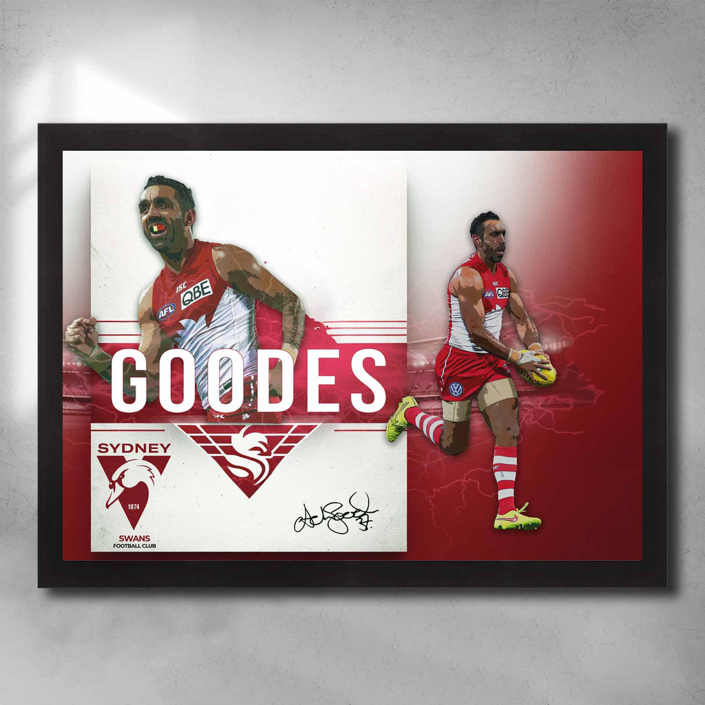 Black framed Indigenous AFL Art by Sports Cave, featuring Adam Goodes from the Sydney Swans.