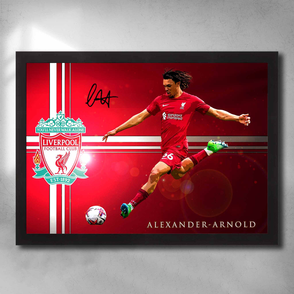 Black framed soccer art by Sports Cave, featuring Trent Alexander-Arnold from Liverpool Football Club.
