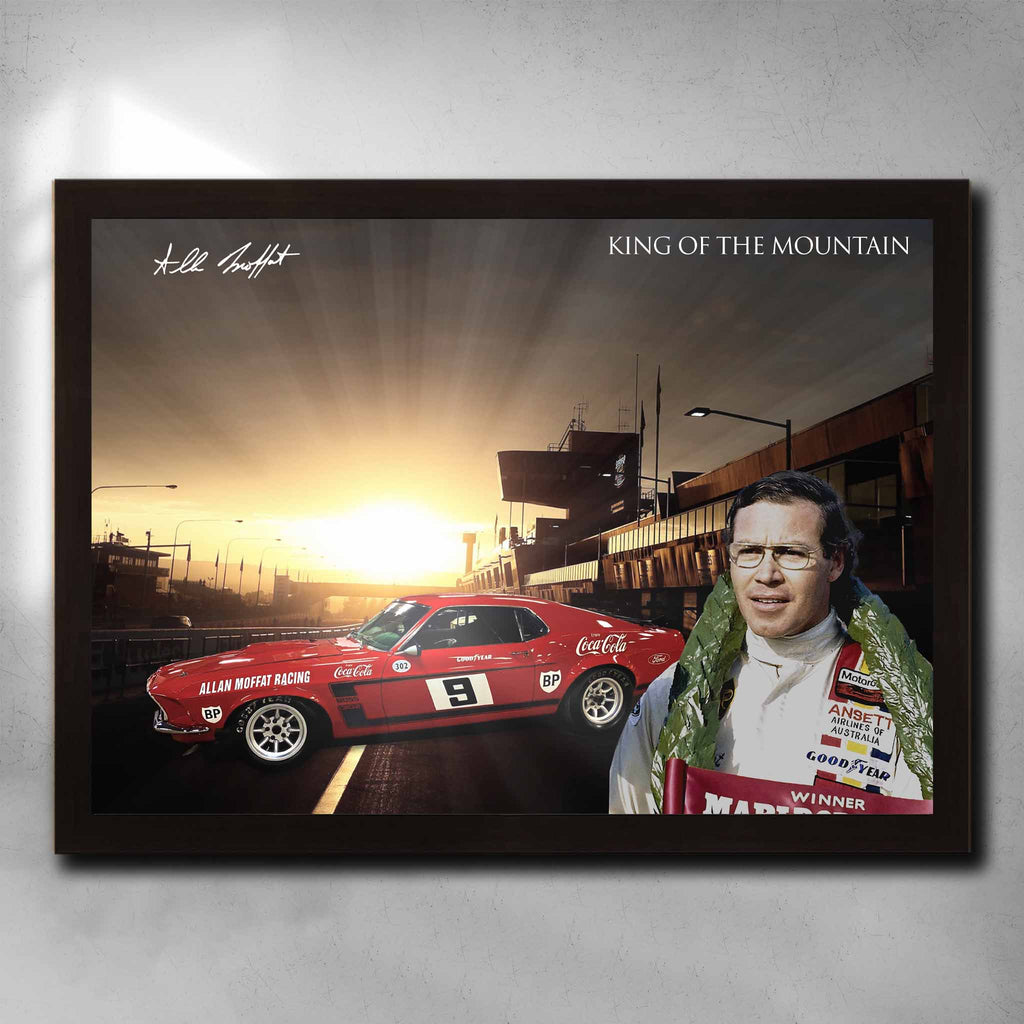 Black framed V8 Supercar racing art by Sports Cave, featuring Allan Moffit with his 1979 Mustang.