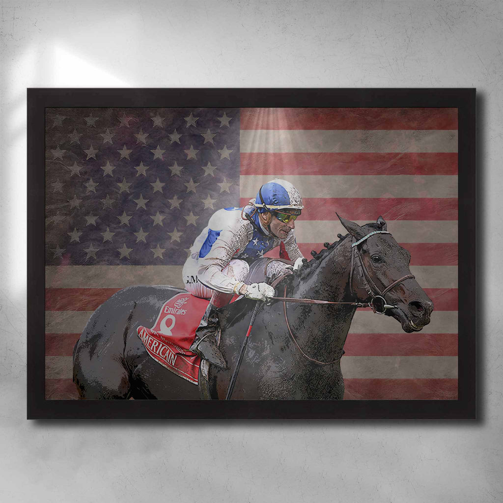 Black framed horse racing art featuring the 2010 Melbourne Cup winner Americain - Artwork by Sports Cave.