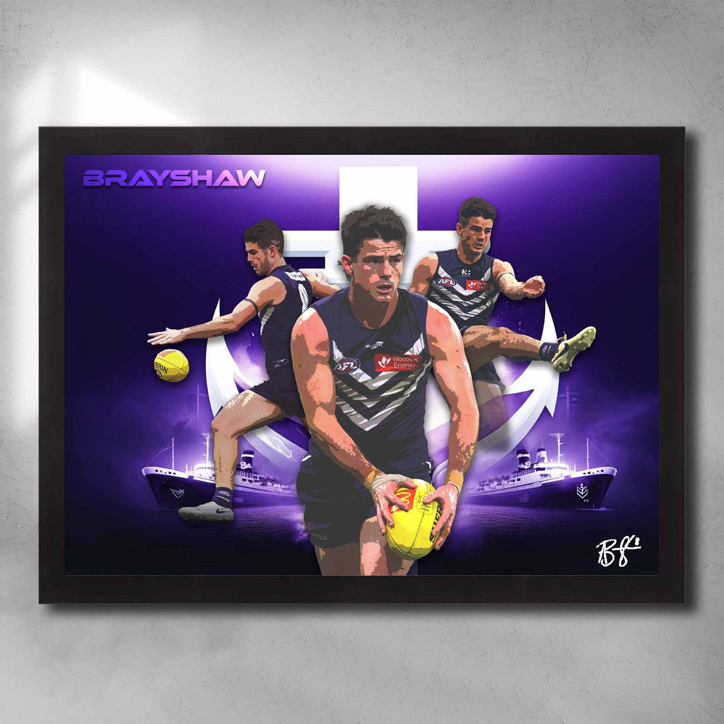 Black framed AFL art by Sports Cave, featuring Andrew Brayshaw from the Essendon Dockers.