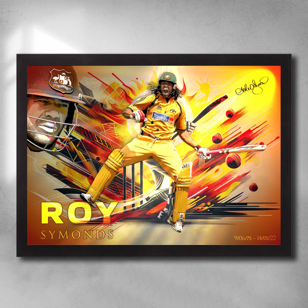 Black framed cricket art featuring a signed print of the legend Andrew Symonds - Artwork by Sports Cave.
