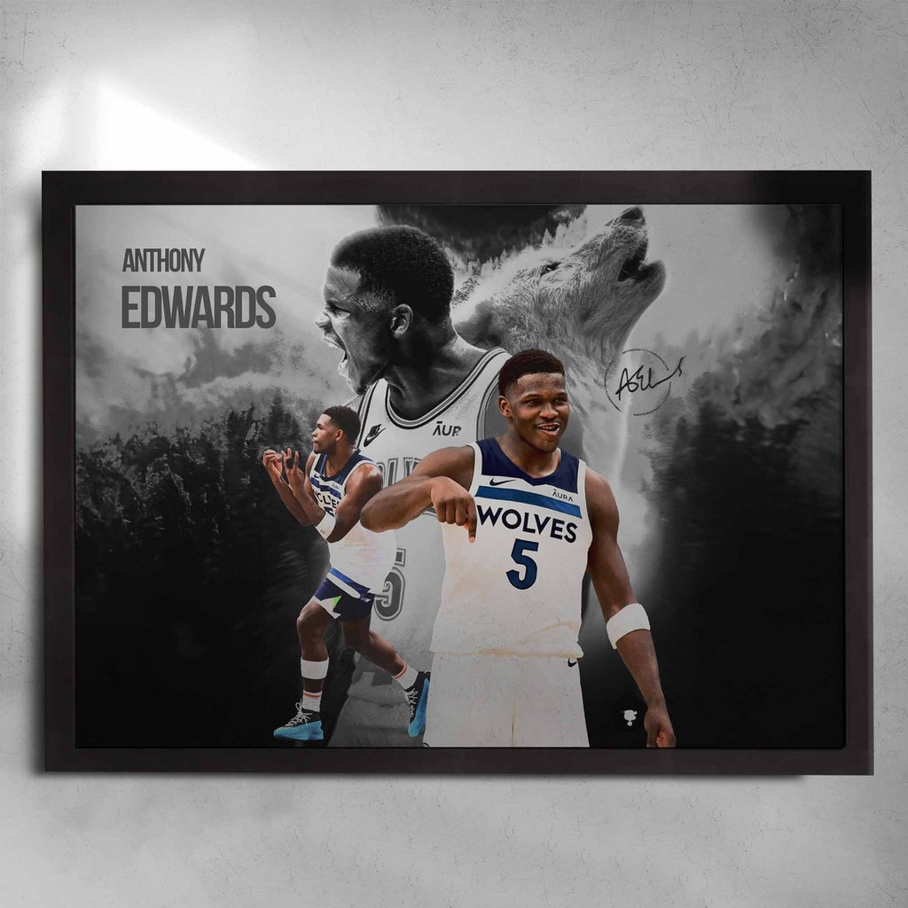 Black framed NBA Poster by Sports Cave, Featuring Anthony Edwards from the Minnesota Timberwolves.