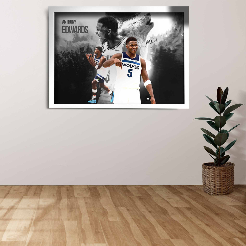 Anthony Edwards from the Minnesota Timberwolves Poster in a white frame on display in a NBA fans house.
