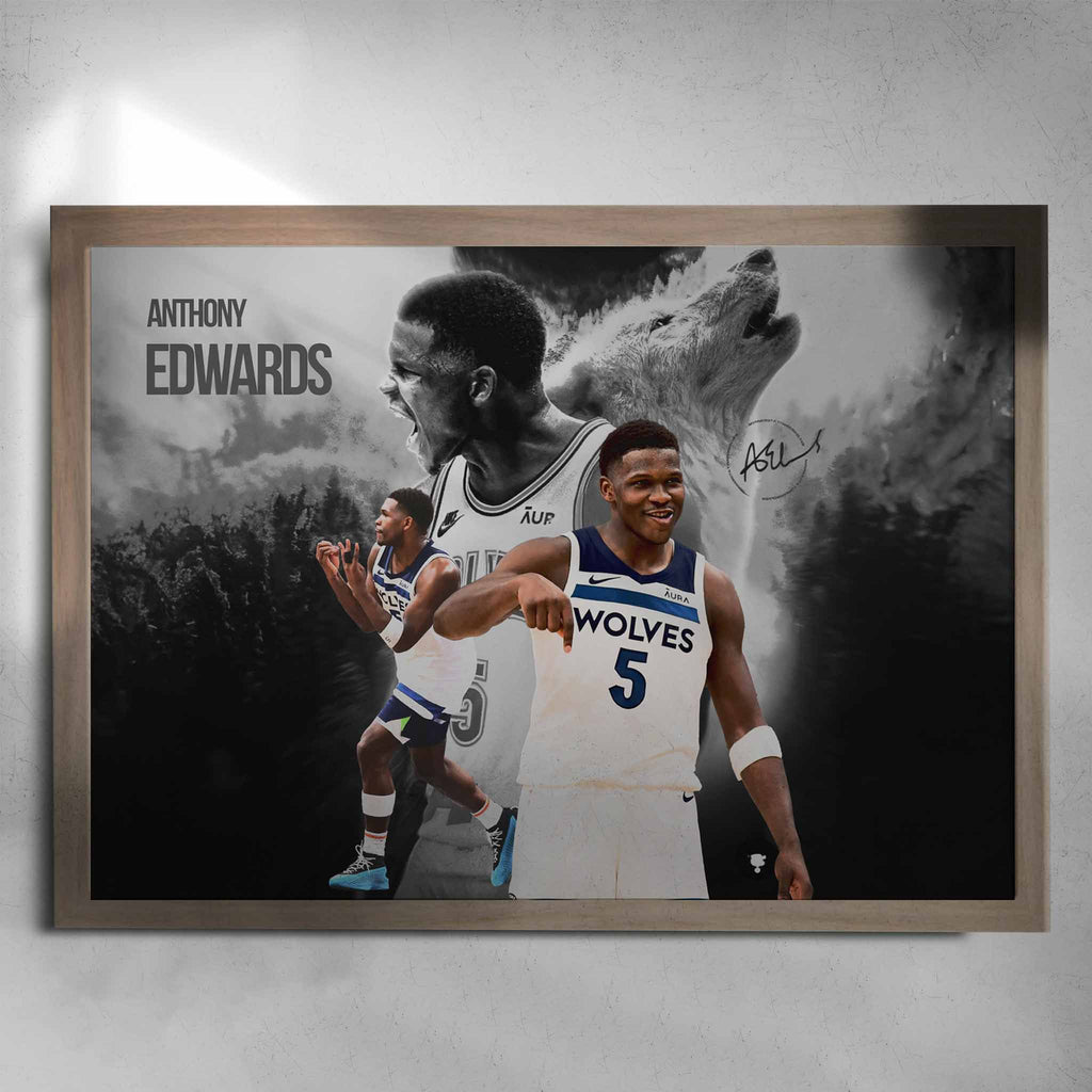 Oak framed NBA Poster by Sports Cave, Featuring Anthony Edwards from the Minnesota Timberwolves.