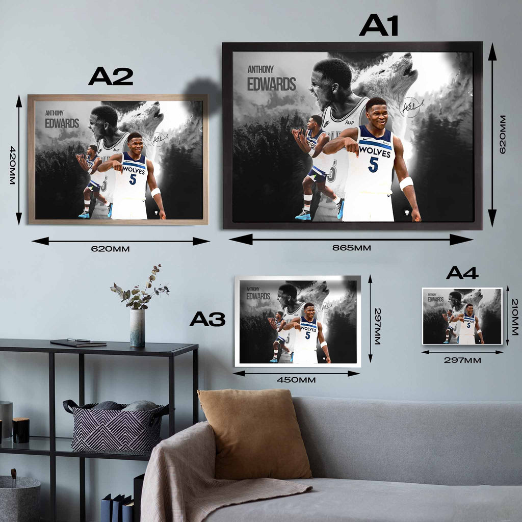 Anthony Edwards from the Minnesota Timberwolves Poster Sizing Guide.