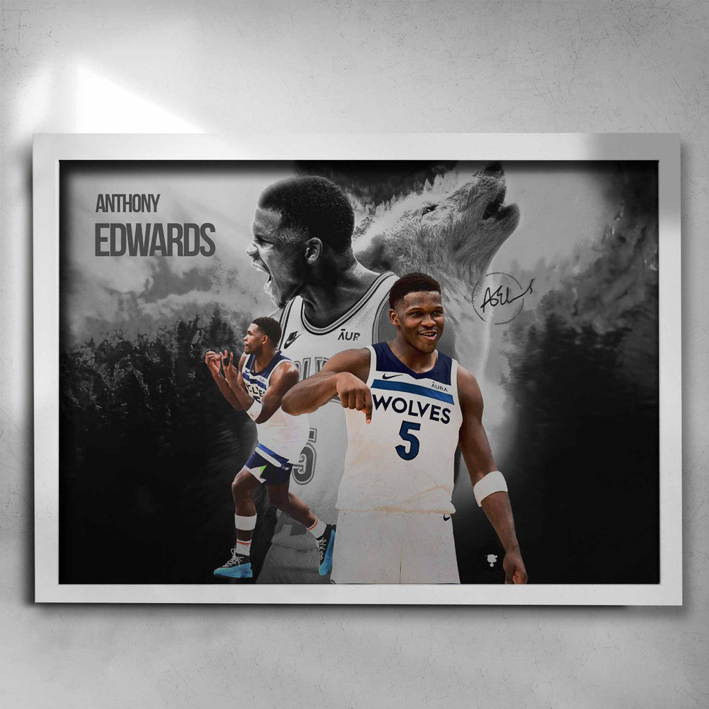White framed NBA Poster by Sports Cave, Featuring Anthony Edwards from the Minnesota Timberwolves.