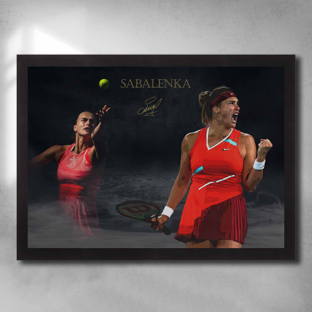 Black framed tennis art by Sports Cave, featuring Aryna Sabalenka.