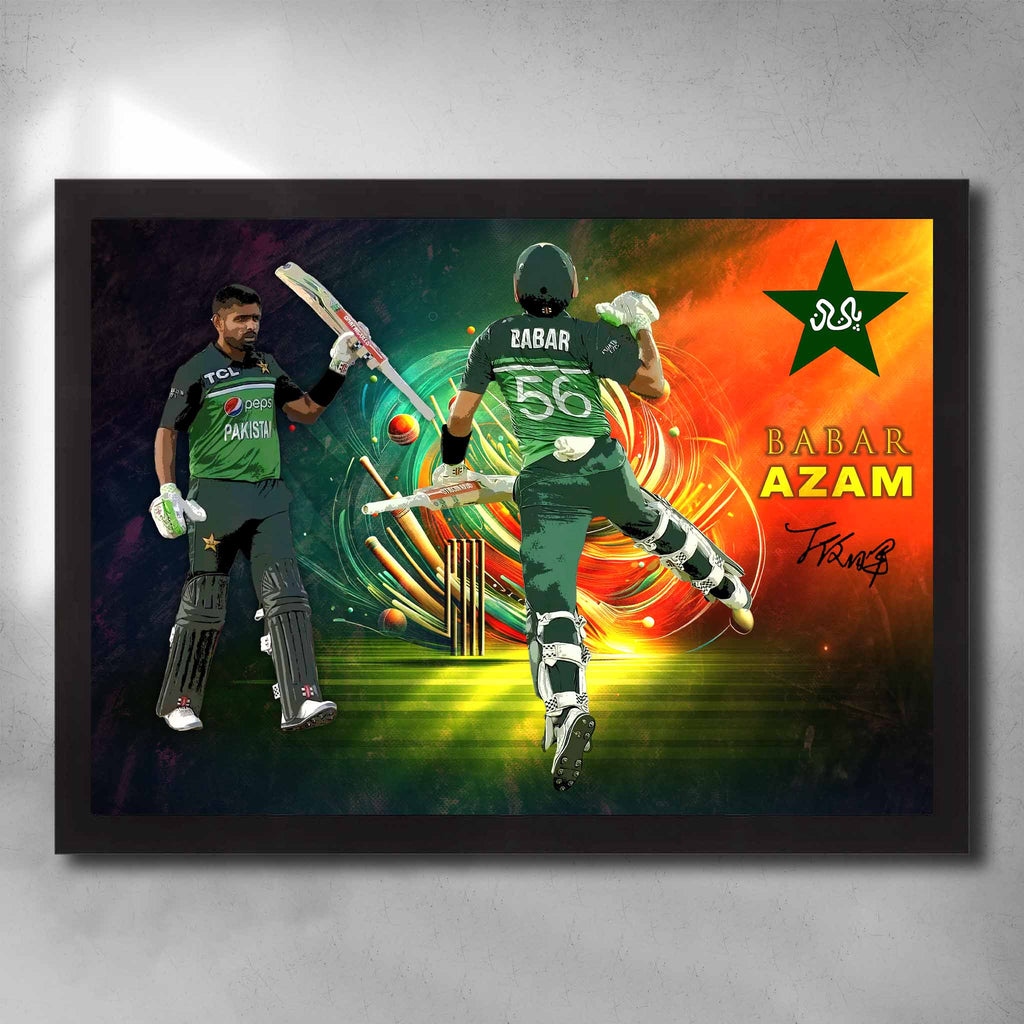 Black framed cricket art featuring a signed print of Barbar Azam from Pakistan - Artwork by Sports Cave.
