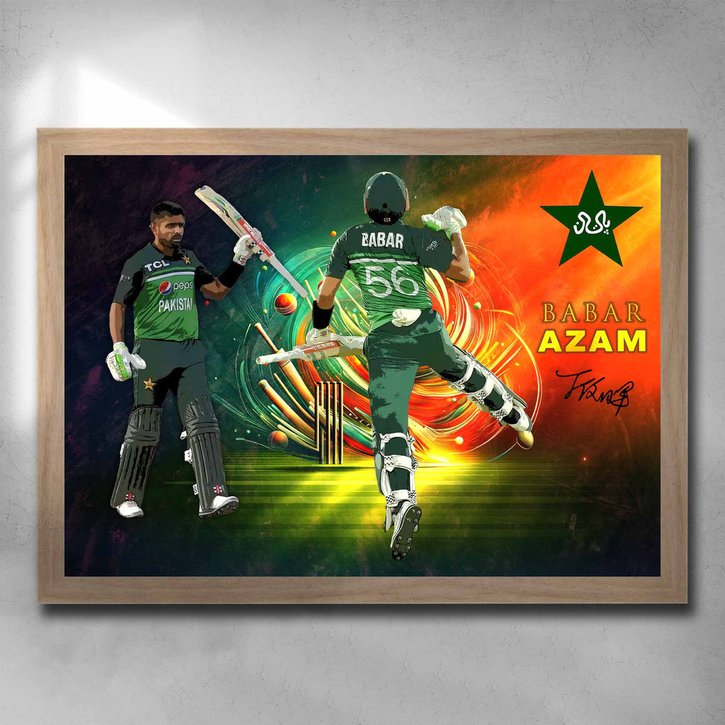 Oak framed cricket art featuring a signed print of Barbar Azam from Pakistan - Artwork by Sports Cave.