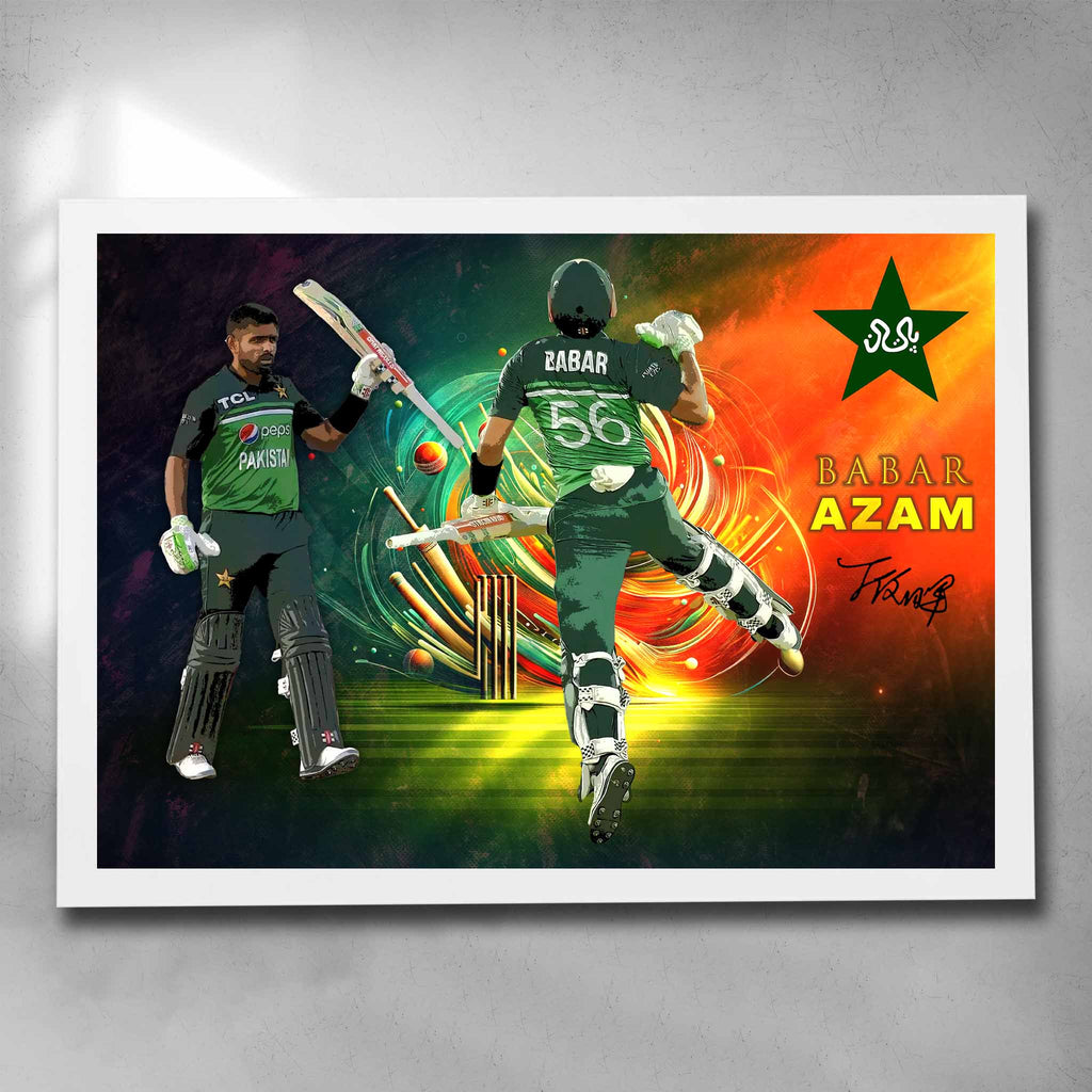 White framed cricket art featuring a signed print of Barbar Azam from Pakistan - Artwork by Sports Cave.