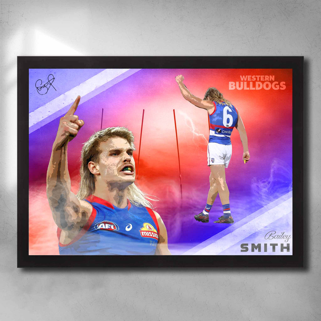 Black framed AFL Art by Sports Cave, featuring Bailey Smith from the Western Bulldogs.