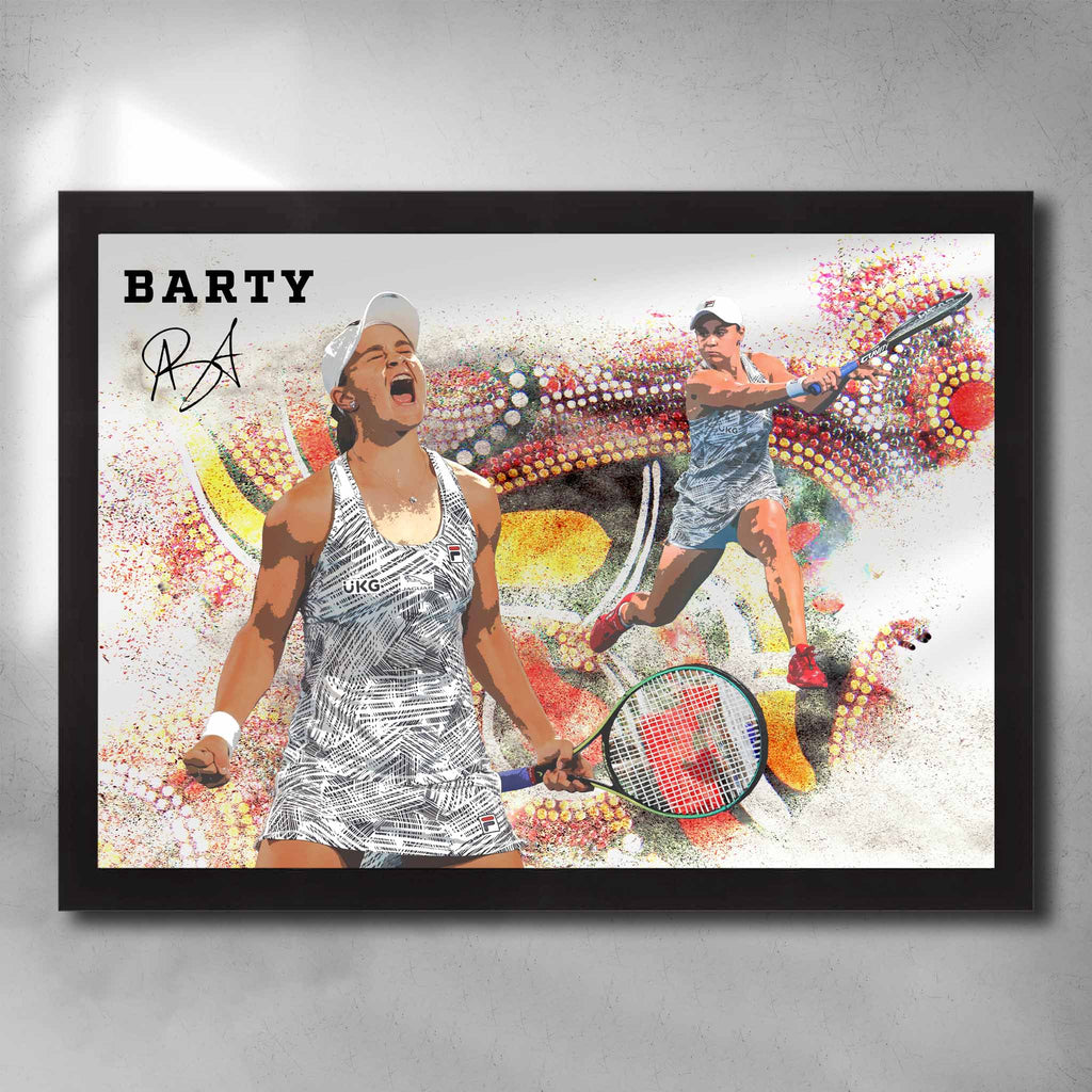 Ash Barty Tennis Tribute Poster in a sleek black frame, showcasing the iconic Australian tennis star's moments of triumph and determination on the court.