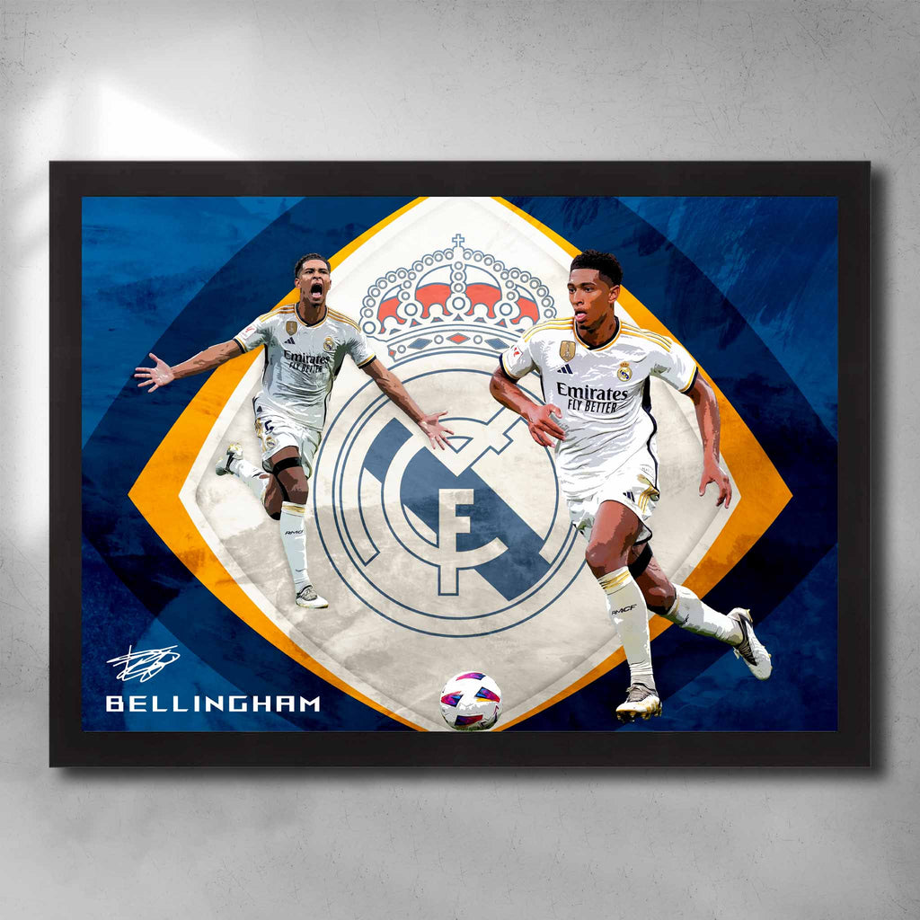 Black framed soccer art by Sports Cave, featuring Jude Bellingham from Real Madrid.