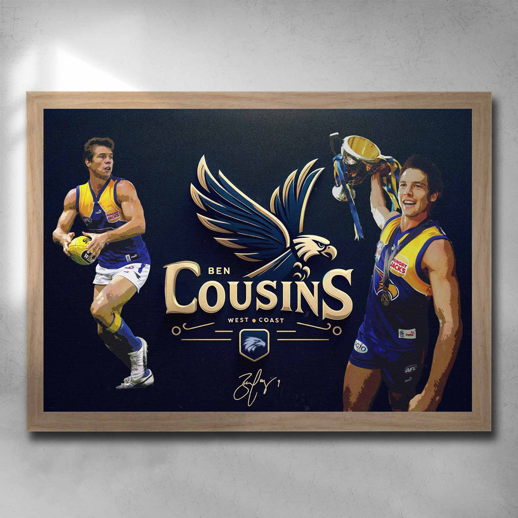 Oak framed AFL Art by Sports Cave, featuring Ben Cousins from the West Coast Eagles. 