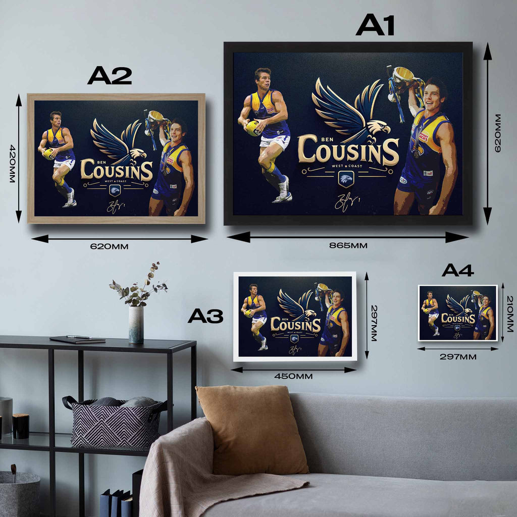 Framed AFL poster sizing guide, featuring Ben Cousins from the West Coast Eagles. 