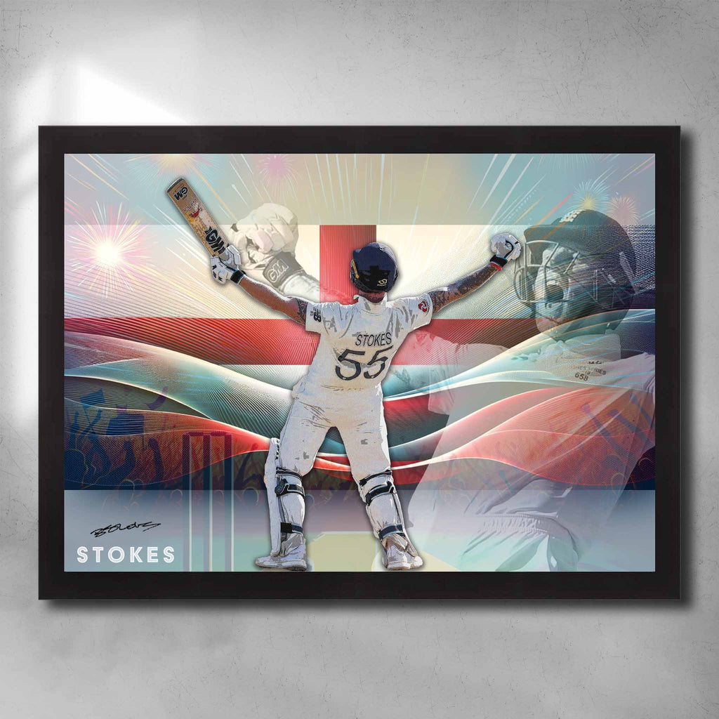 Black framed cricket art by Sports Cave, featuring Ben Stokes from England.