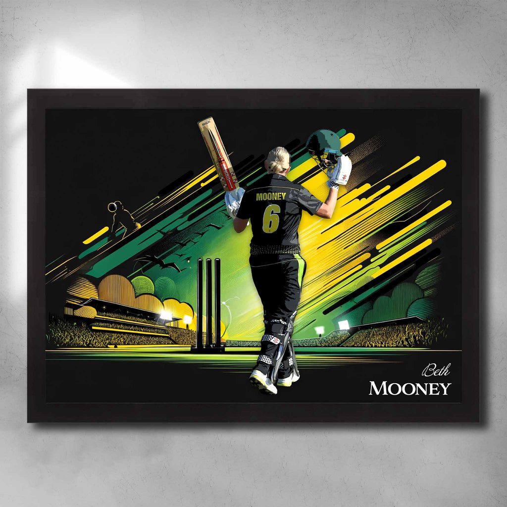 Black framed cricket art by Sports Cave, featuring Beth Mooney from the Australian women's cricket team.