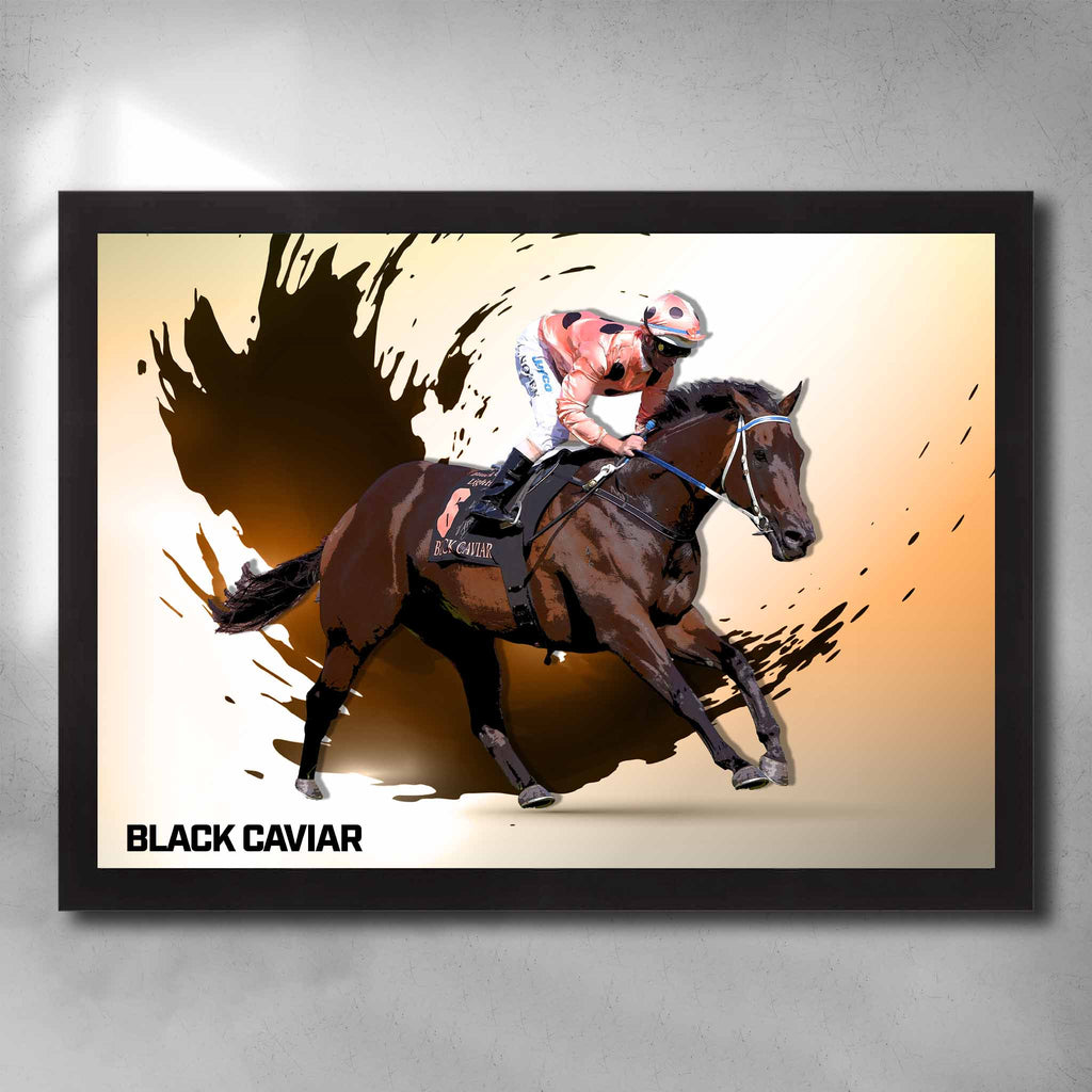 Black framed horse racing poster by Sports Cave, featuring Black Caviar from the Peter Moody Stable.
