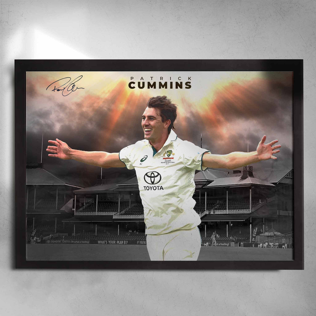 Black framed cricket art by Sports Cave, featuring Patrick Cummins the Australian Test Captain.