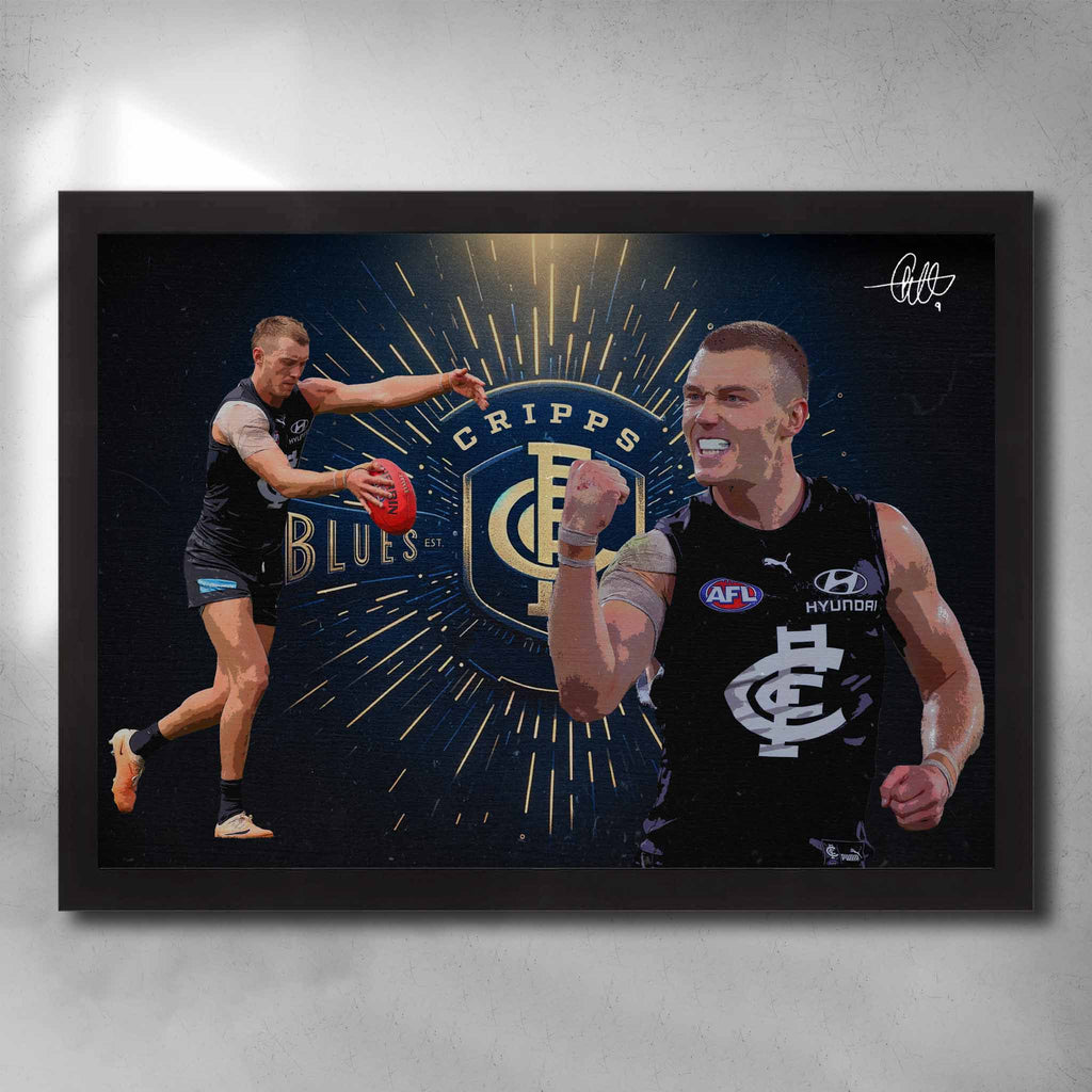 Black framed AFL art by Sports Cave, featuring Patrick Cripps from the Carlton Blues.