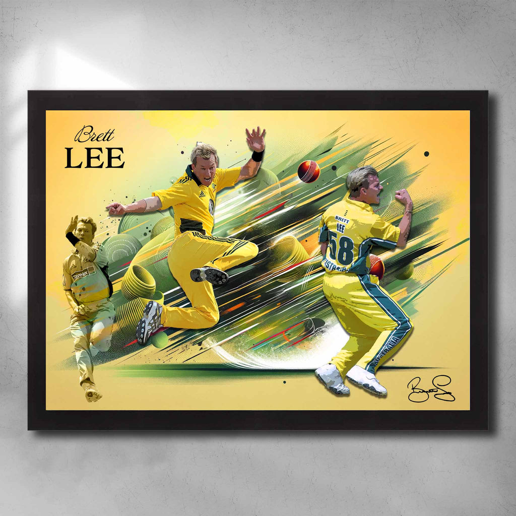 Black framed Brett Lee Cricket Art Poster by Sports Cave, highlighting the fast bowler's iconic career moments, ideal for fans and collectors.