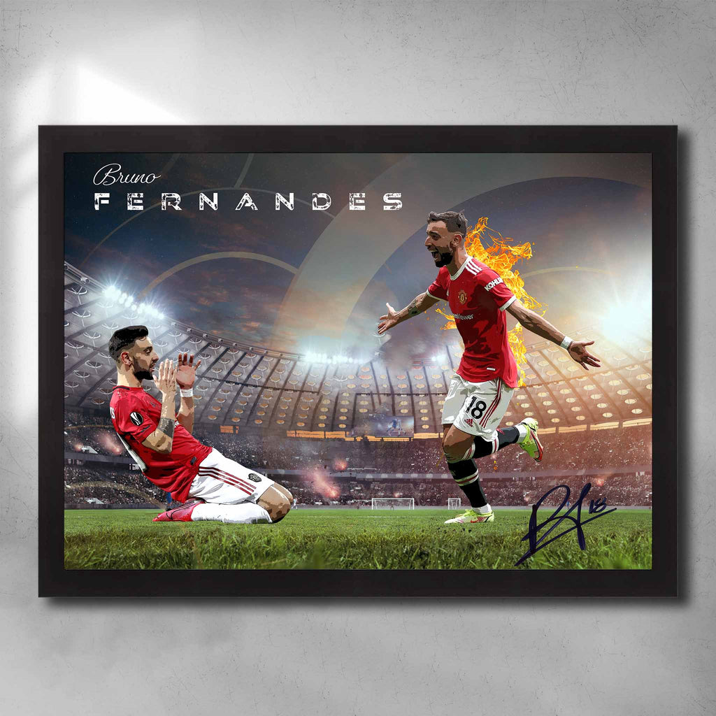 Black framed soccer art featuring a signed print of Bruno Fernandes from Manchester United - Artwork by Sports Cave.
