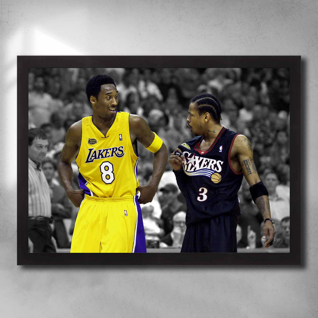 Black framed NBA art by Sports Cave, featuring basketball legends Kobe Bryant and Allen Iverson.