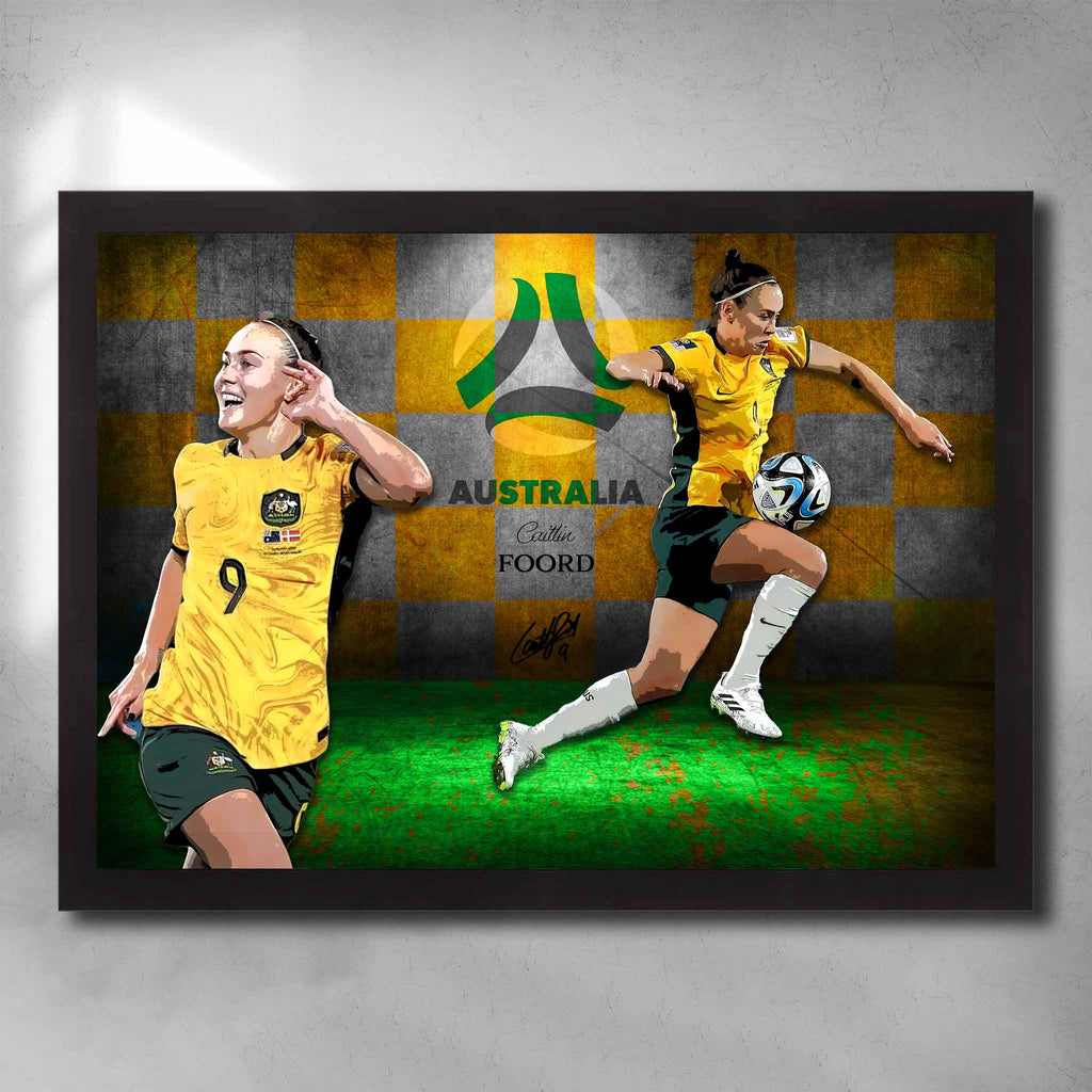 Black framed soccer art by Sports Cave, featuring Caitlin Foord from the Australian Matilda's.