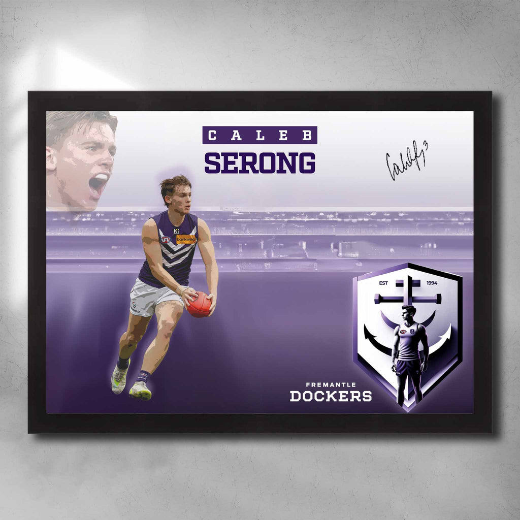Black framed AFL art by Sports Cave, featuring Caleb Serong from the Freemantle Dockers.