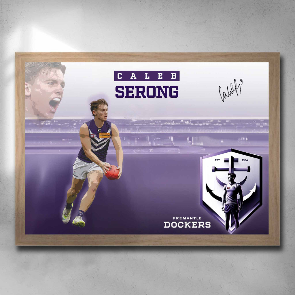 Oak framed AFL art by Sports Cave, featuring Caleb Serong from the Freemantle Dockers.