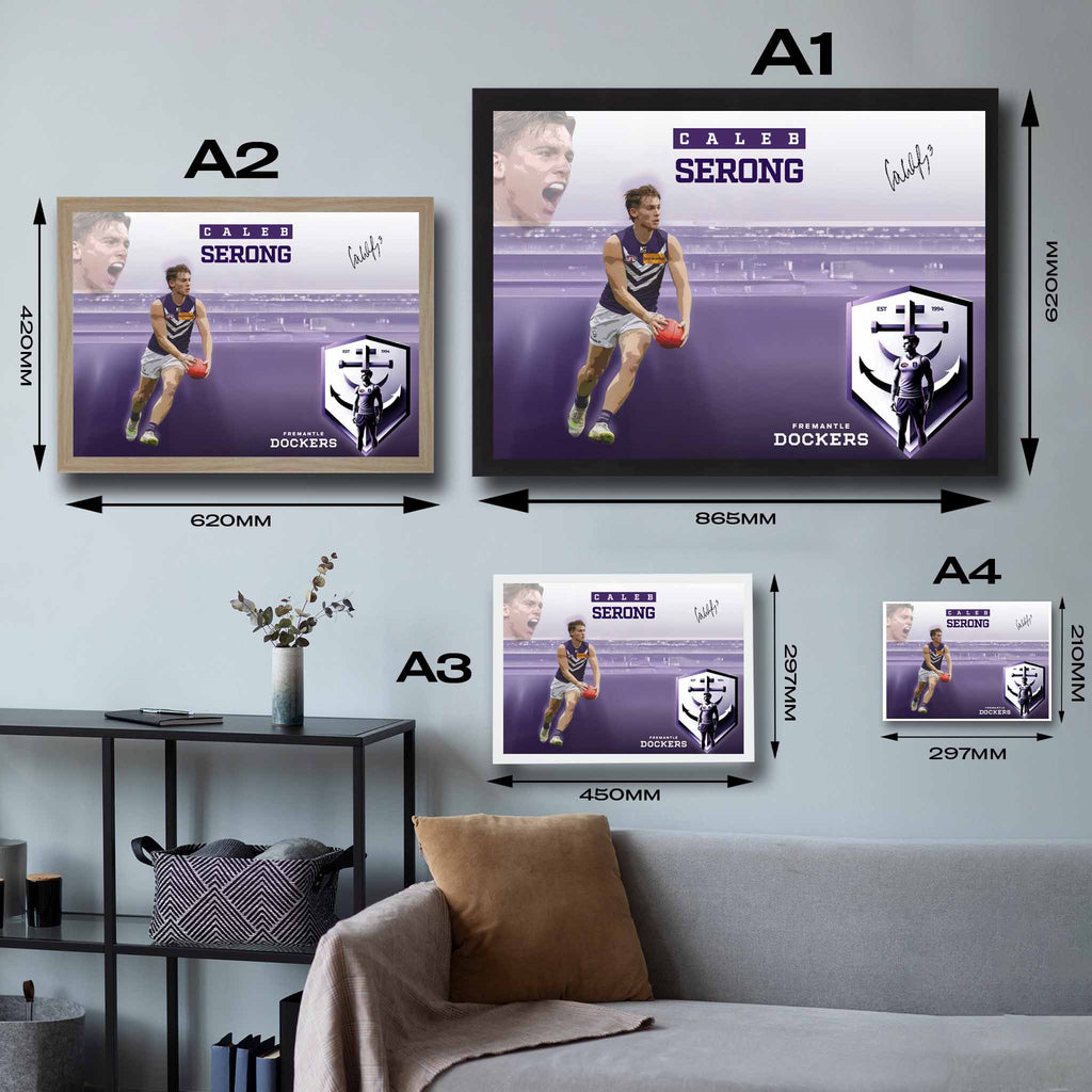 Framed art sizing guide of Caleb Serong from the Freemantle Dockers.