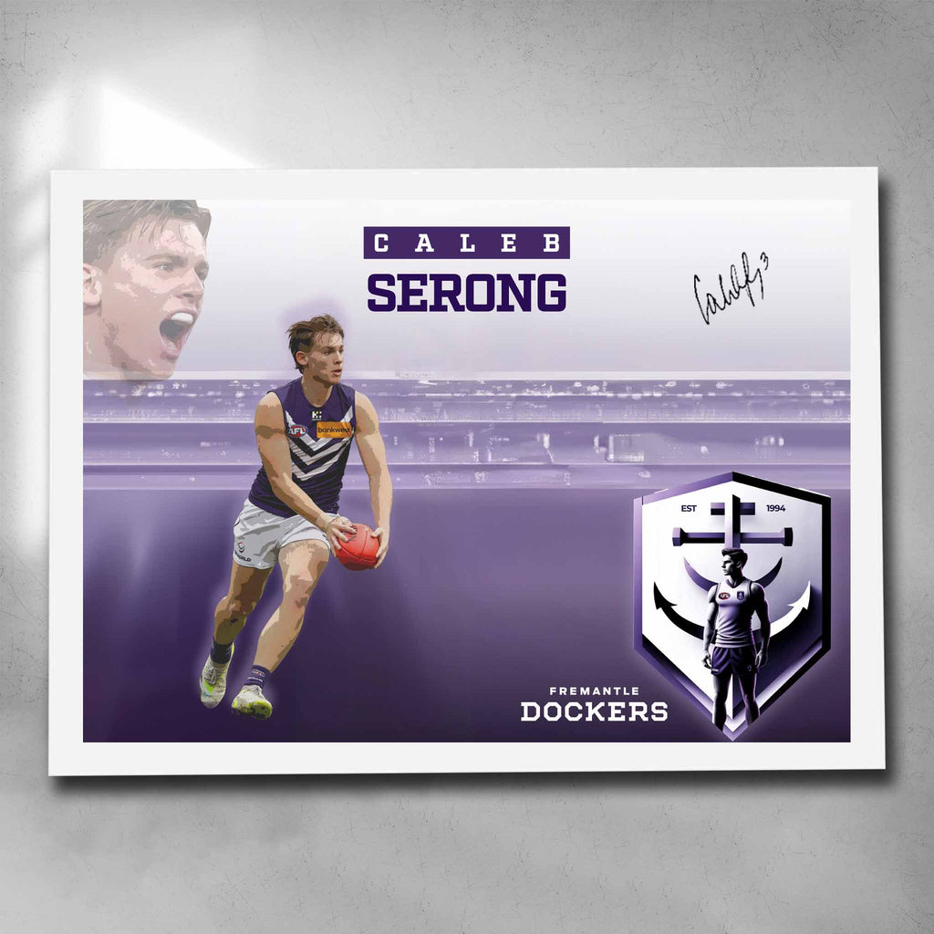 White framed AFL art by Sports Cave, featuring Caleb Serong from the Freemantle Dockers.
