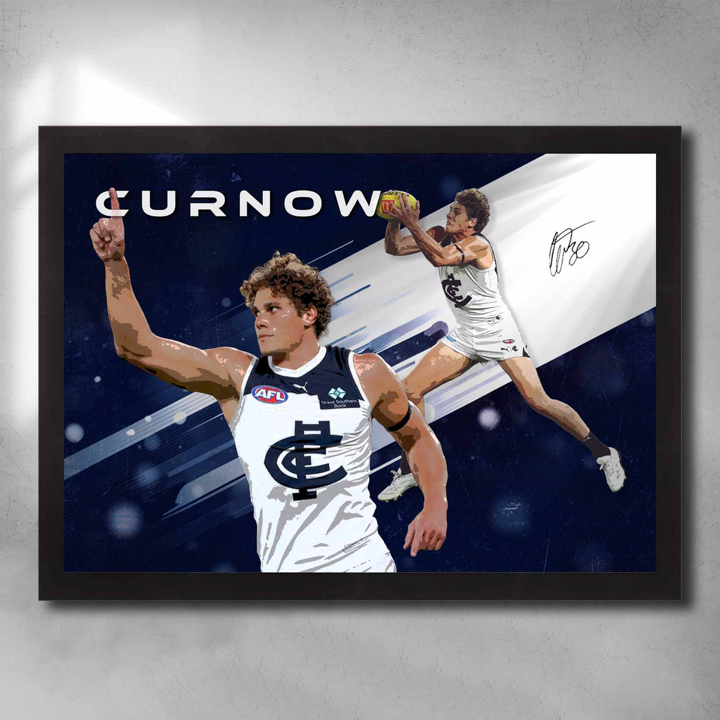 Black framed AFL Art by Sports Cave, featuring Charlie Curnow from the Carlton Blues.
