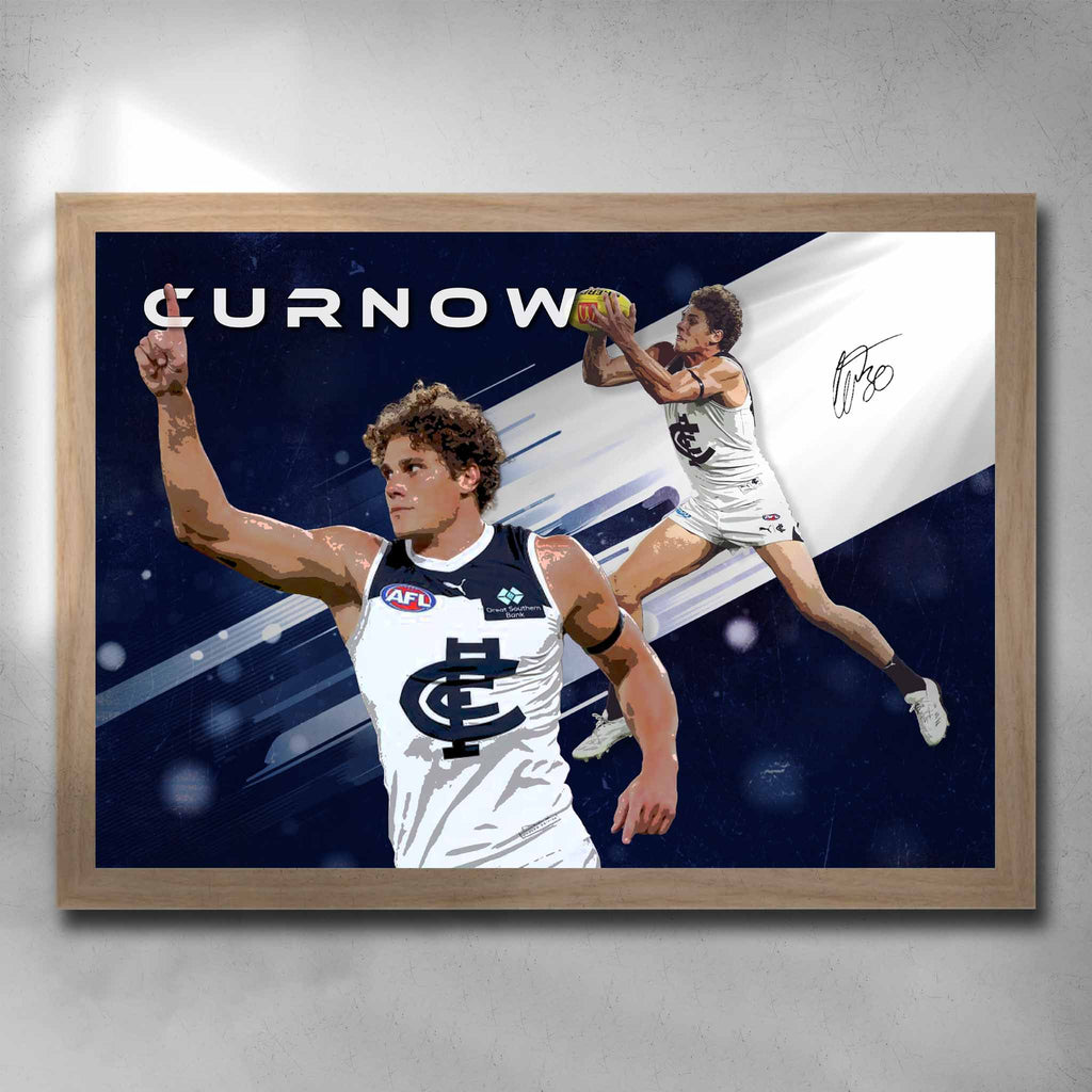 Oak framed AFL Art by Sports Cave, featuring Charlie Curnow from the Carlton Blues.