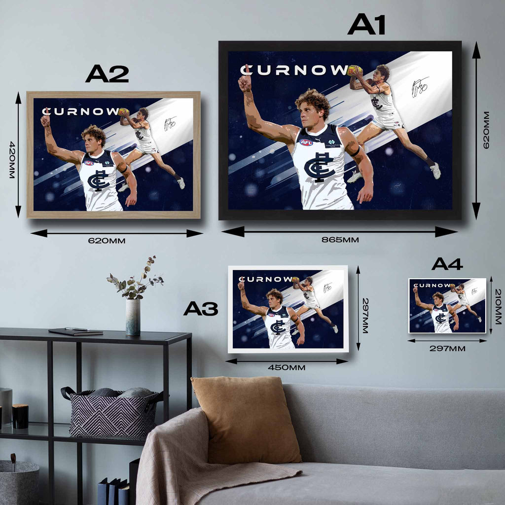 Visual representation of Charlie Curnow framed art size options, ranging from S 21×29.7cm to L 42×62cm, for selecting the right size for your space.