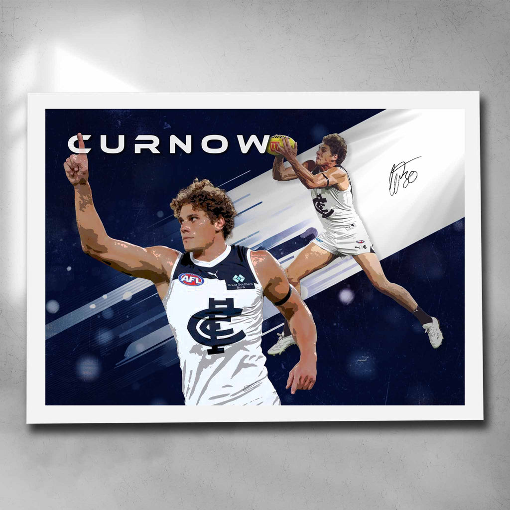 White framed AFL Art by Sports Cave, featuring Charlie Curnow from the Carlton Blues.