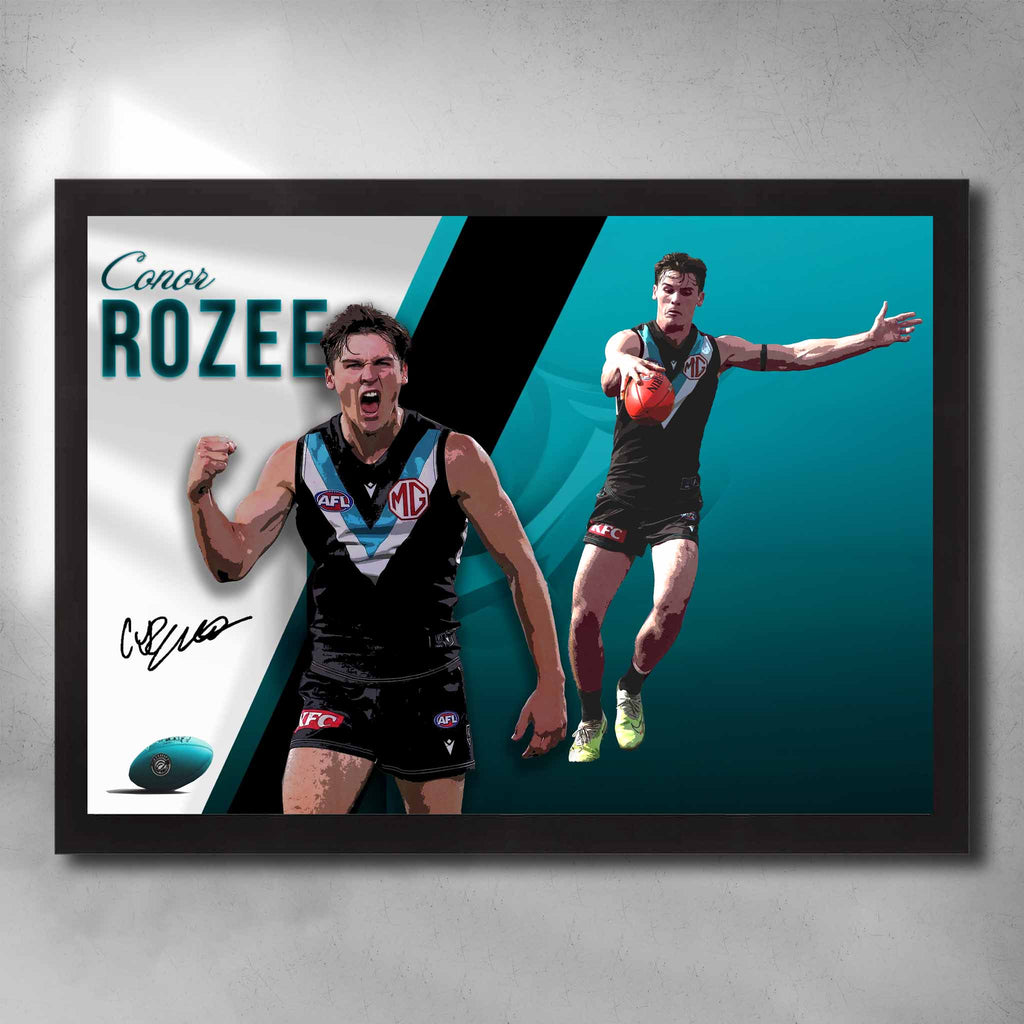 Black framed AFL art by Sports Cave, featuring Conor Rozee from the Port Adelaide Power. 