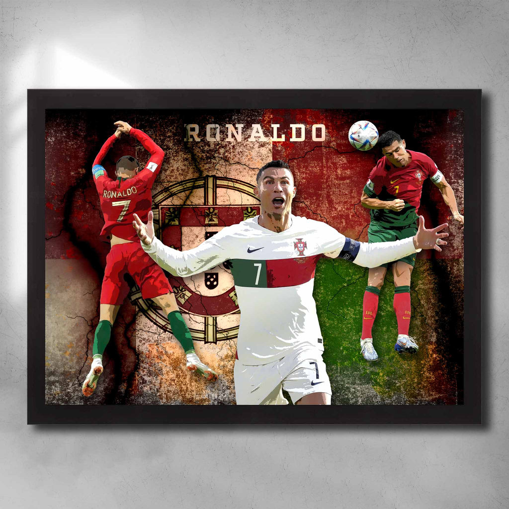 Black framed soccer art by Sports Cave featuring Cristiano Ronaldo from Portugal.