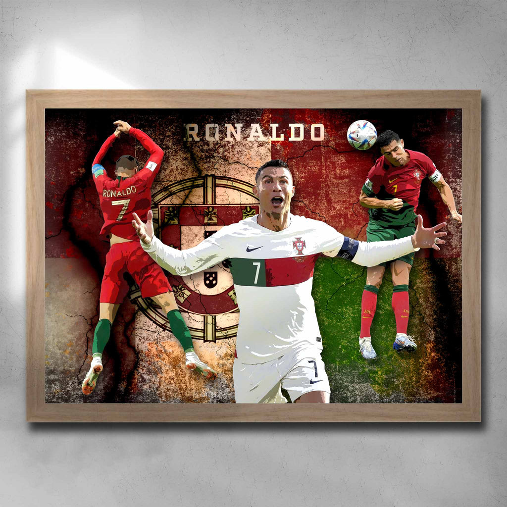Oak framed soccer art by Sports Cave featuring Cristiano Ronaldo from Portugal.