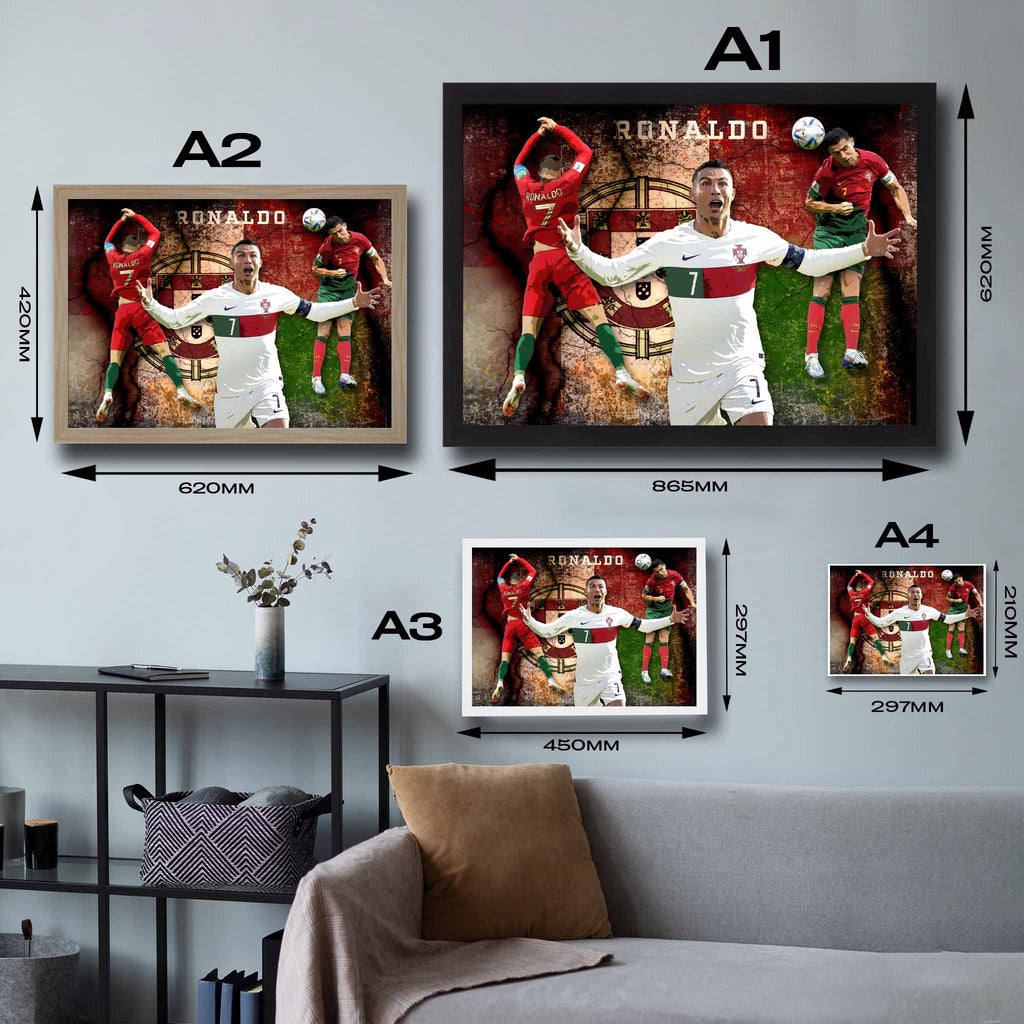 Visual representation of Cristiano Ronaldo Portugal framed art size options, ranging from S 21×29.7cm to L 42×62cm, for selecting the right size for your space.