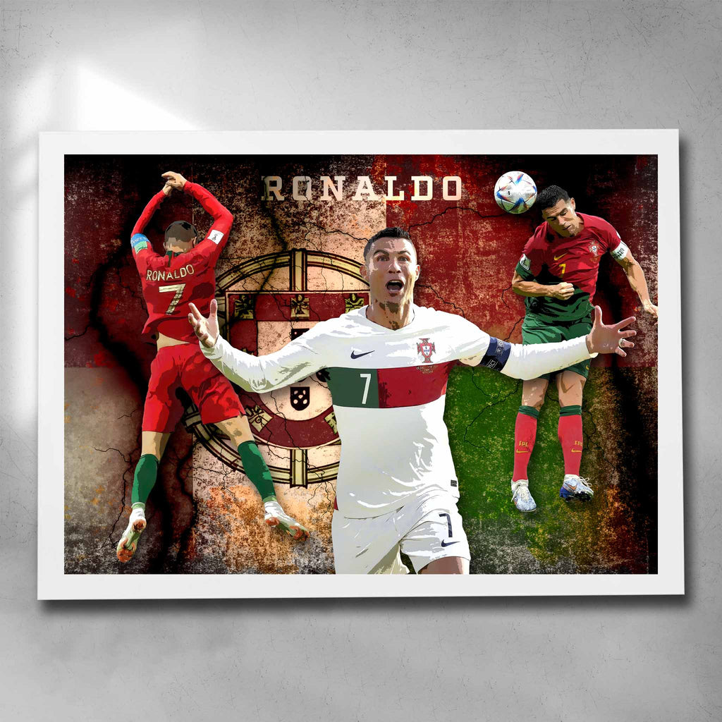 White framed soccer art by Sports Cave featuring Cristiano Ronaldo from Portugal.