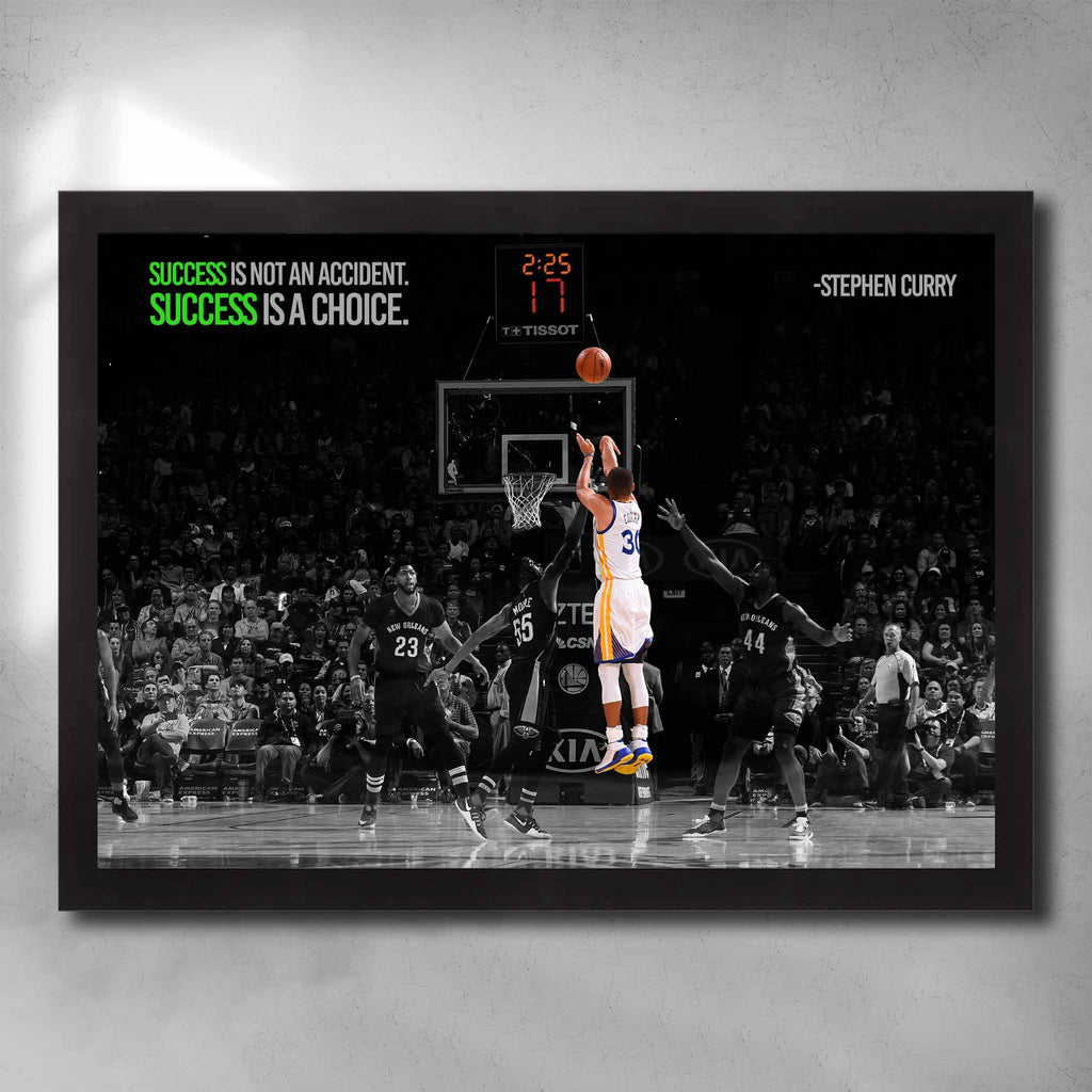 Black framed motivational art by Sports Cave, featuring Steph Curry making a clutch three-point shot.