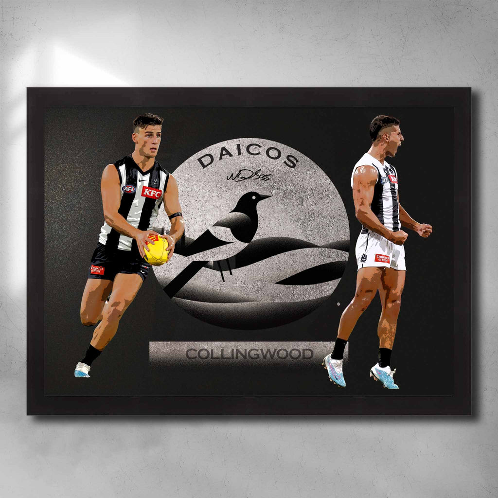 Black framed AFL art by Sports Cave, featuring Nick Daicos from the Collingwood Magpies. 