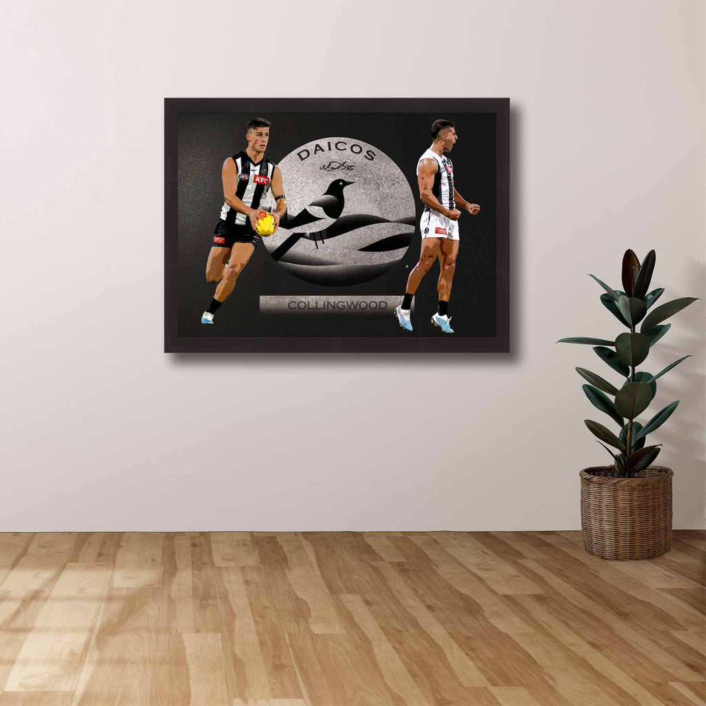 Collingwood Die-hard Supporters House, featuring a framed print of Nick Daicos showcased on the wall.