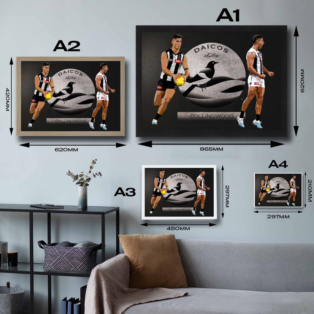 Visual representation of Nick Daicos framed art size options, ranging from A4 to A2, for selecting the right size for your space.