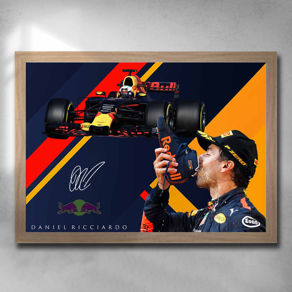 Rustic oak framed signed formula one art featuring Daniel Ricciardo driving for Redbull doing his signature shoey after a victory - by Sports Cave.